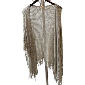 POL Sage Green Open-Knit Cardigan with Fringe